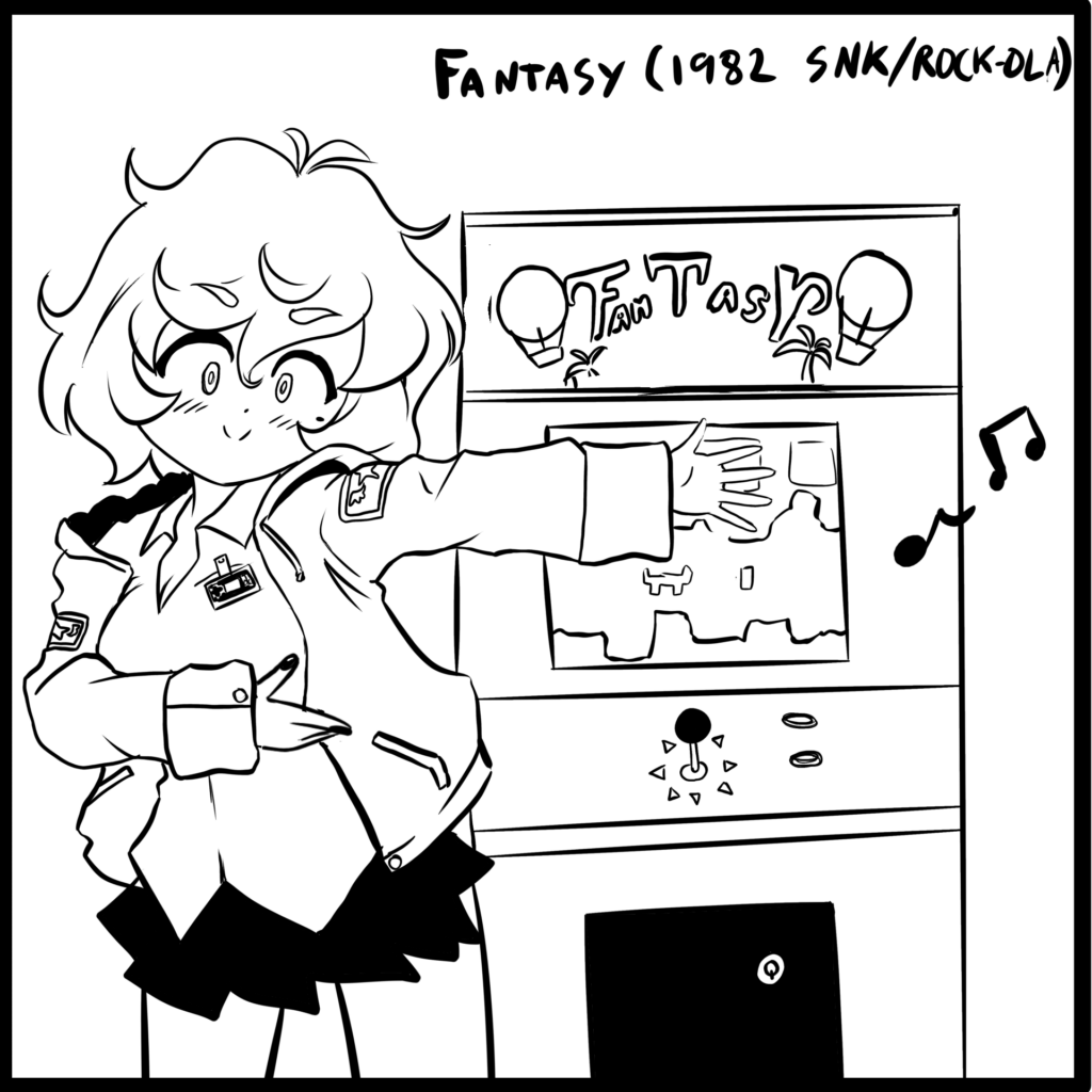 COZY: (ta-dah pose, gestures to arcade machine)
Caption: FANTASY (1982 SNK/ROCK-OLA)